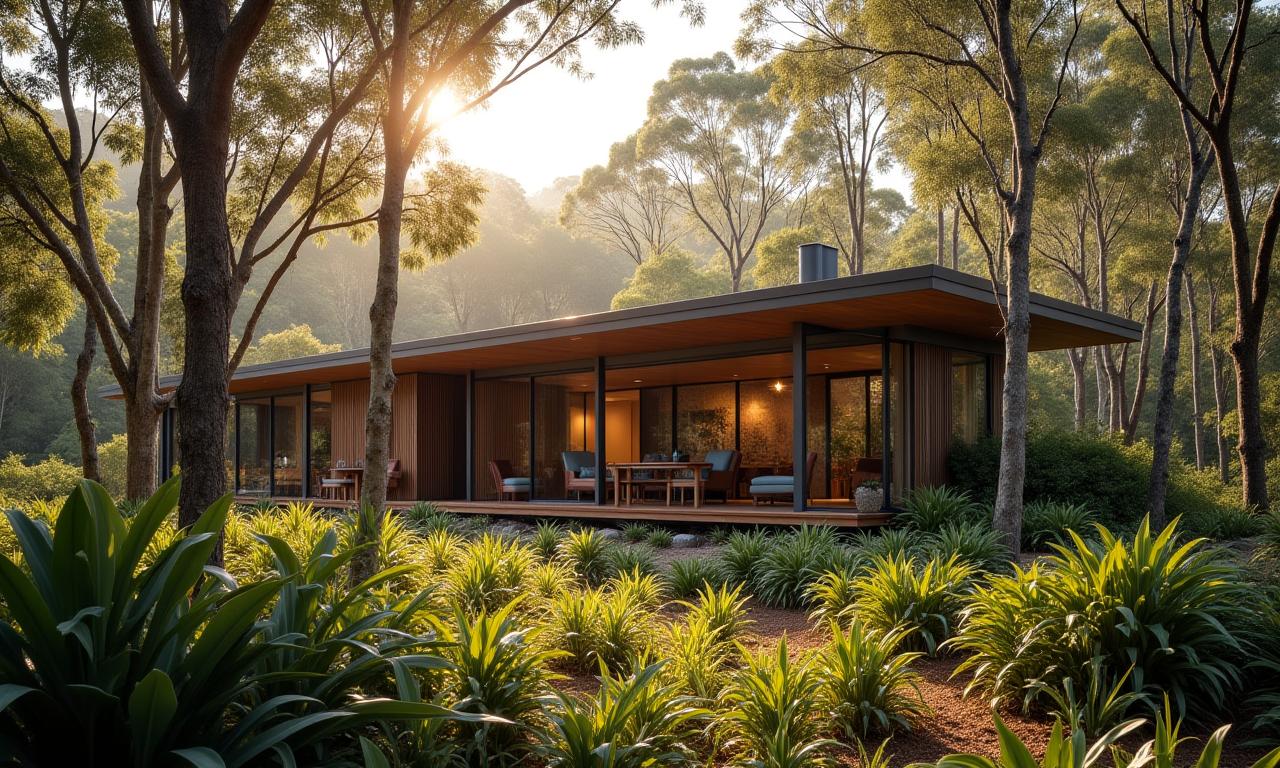 Eco-lodge structure harmoniously integrated with surrounding native Australian flora and fauna.